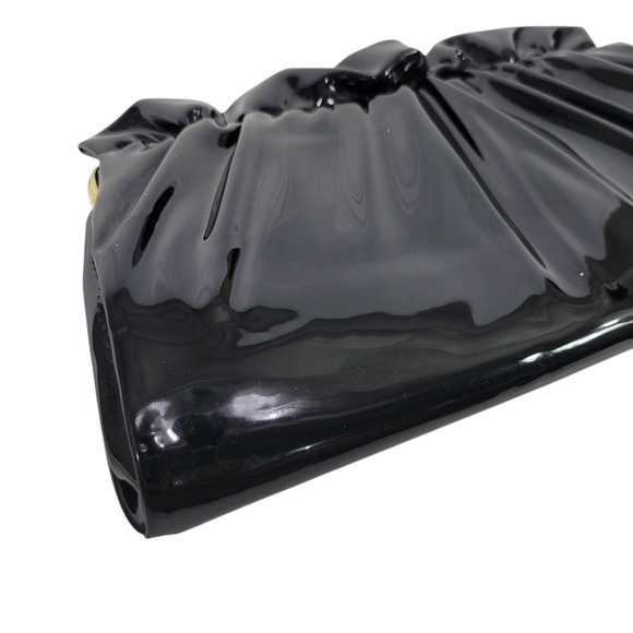 Vintage Vinyl Clutch Bag Black Patent Leather Gathered Shiny Evening Frame Small - Picture 11 of 15